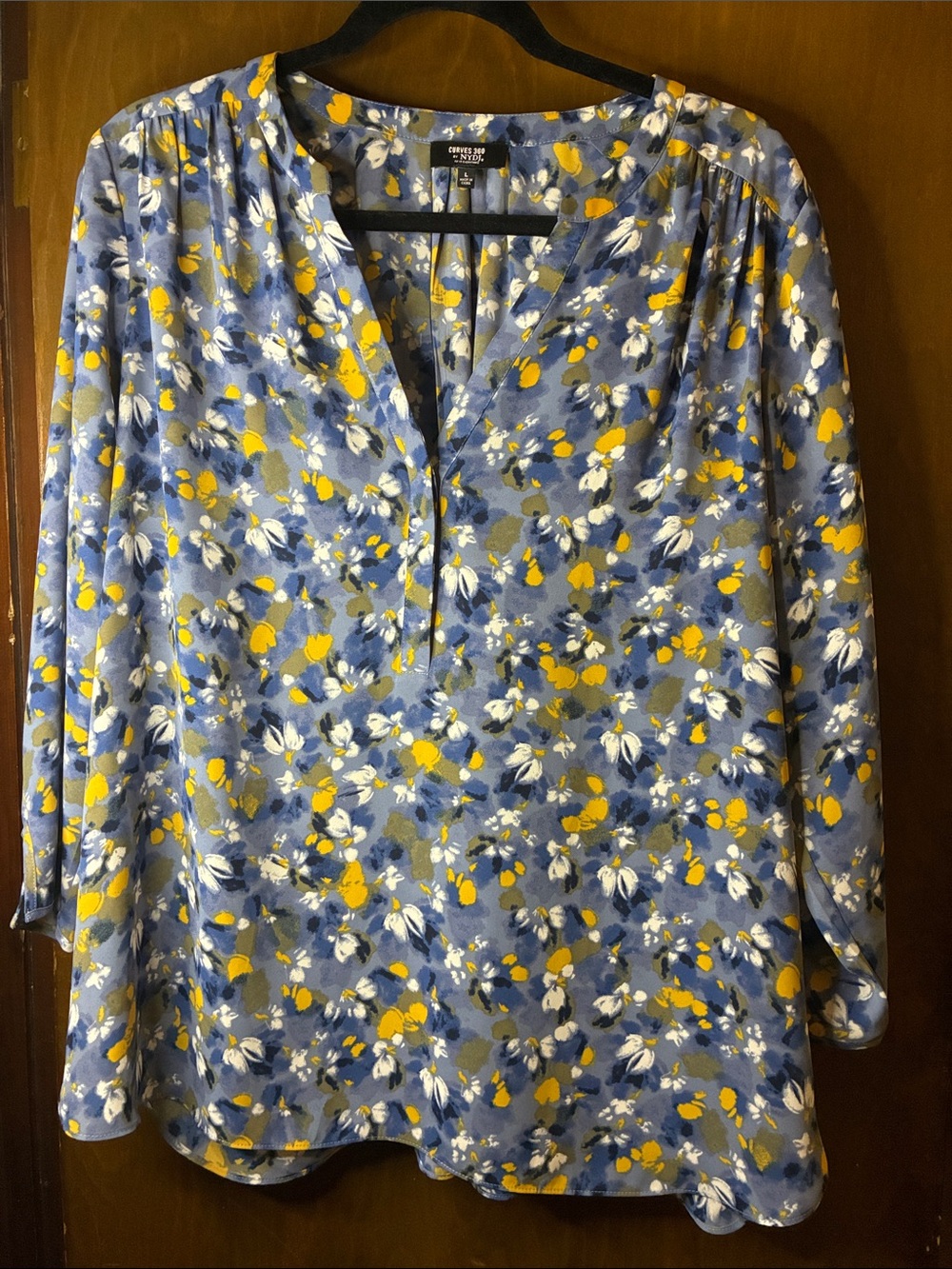 Blue Floral Split-Neck Long-Sleeve Blouse with Yellow Accents